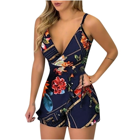 Fesfesfes Jumpsuit for Women Leaf And Stripe Printed Sling Short Jumpsuit With Belt