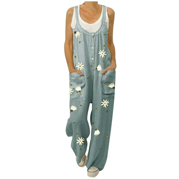 Fesfesfes Jumpsuit for Women Pants Overalls Rompers Daisy Printed Buttons Suspender Jumpsuit