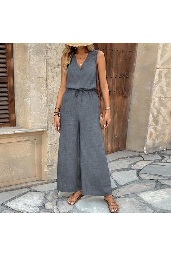 Jumpsuit for Women Pants Overalls Printed Long Romper Casual Sleeveless V-neck Wide-leg Jumpsuit with Pockets and Drawstring Long Pants