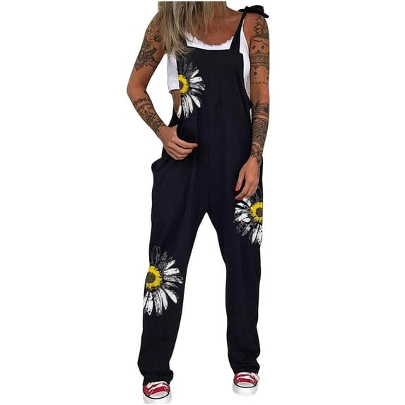 Fesfesfes Jumpsuit for Women Print Punk Jumpsuit Casual Loose Sunflower Printed Overalls Jumpsuit