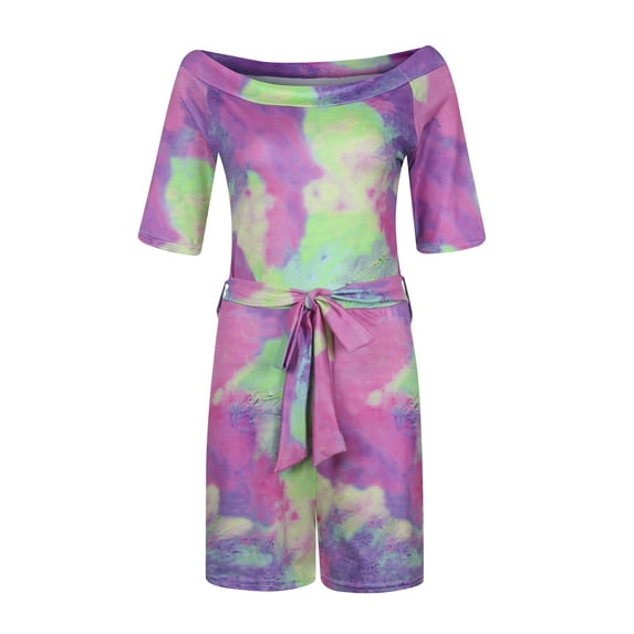 Fesfesfes Jumpsuit for Women Short Sleeve Casual Tie-Dye Print Off Shoulder Playsuit Jumpsuits