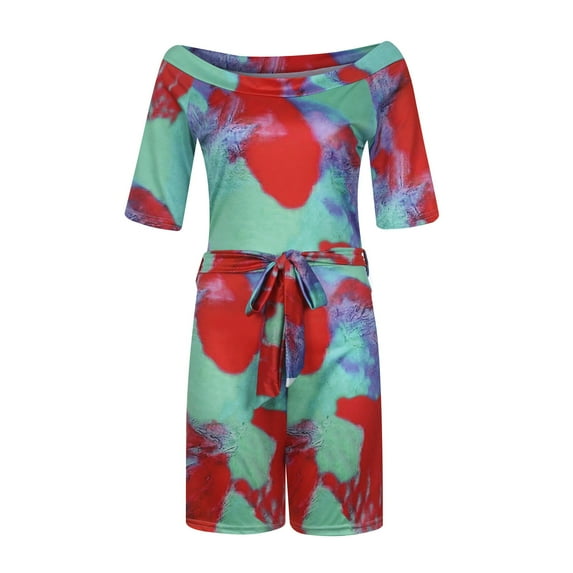 Fesfesfes Jumpsuit for Women Short Sleeve Casual Tie-Dye Print Off Shoulder Playsuit Jumpsuits