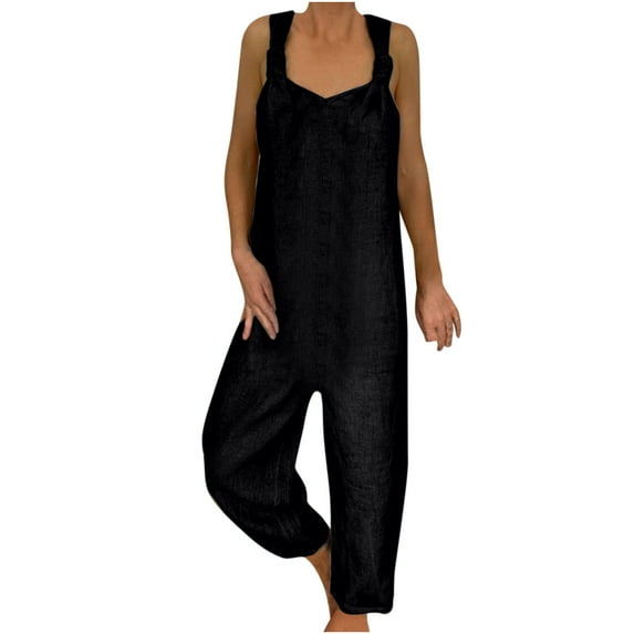 Fesfesfes Jumpsuit for Women Solid Color Large Size Literary Straps Casual Trousers Jumpsuit