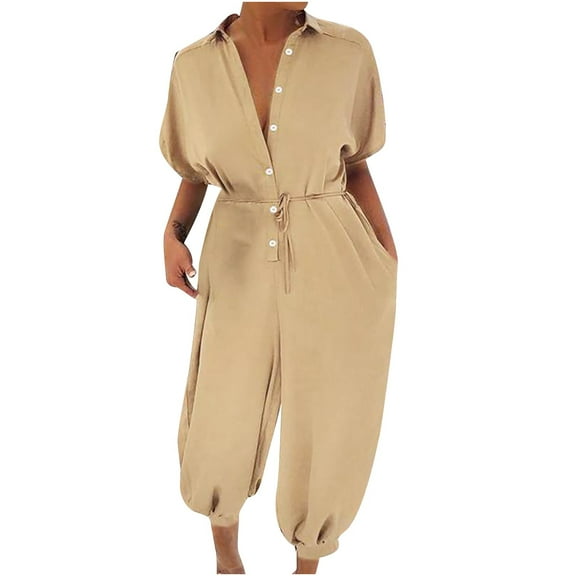 Fesfesfes Jumpsuit for Women Solid Color Short Sleeve Button Rompers Trousers Casual Fashion