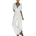 thumbnail image 1 of Fesfesfes Jumpsuit for Women Solid Color V-Neck Romper Casual Broad Legs Chiffon Jumpsuit Body Suit, 1 of 6