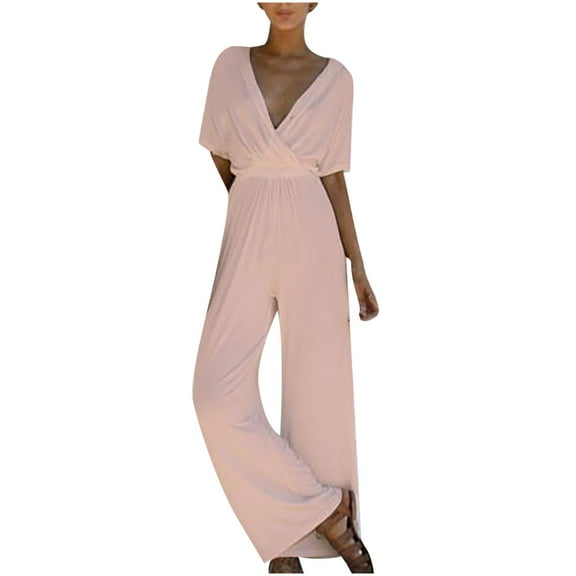 Fesfesfes Jumpsuit for Women Solid Color V-Neck Romper Casual Broad Legs Chiffon Jumpsuit Body Suit