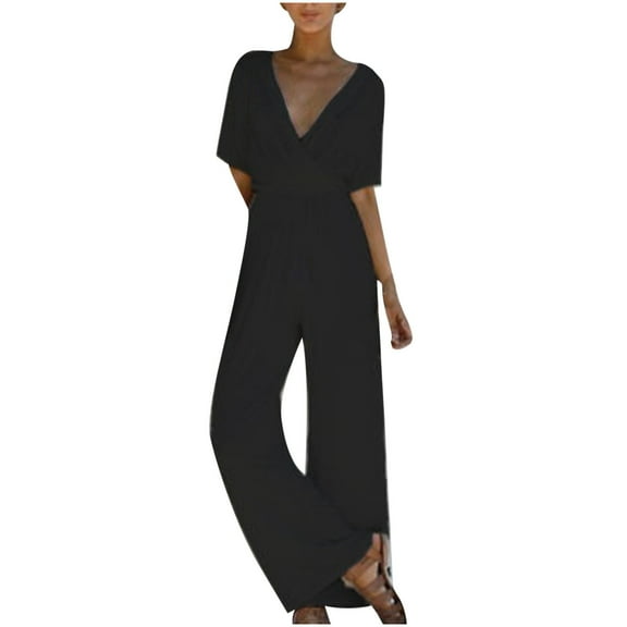 Fesfesfes Jumpsuit for Women Solid Color V-Neck Romper Casual Broad Legs Chiffon Jumpsuit Body Suit