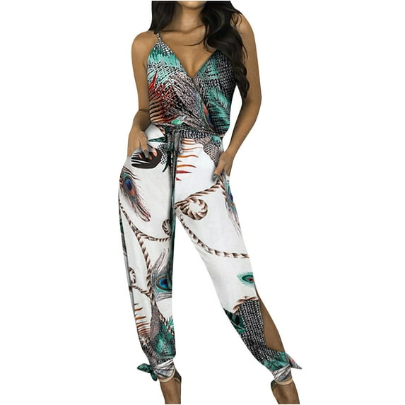 Fesfesfes Jumpsuit for Women Wide Leg Pants Peacock Printed Sling Hollow Leg Siamese Pants With Belt