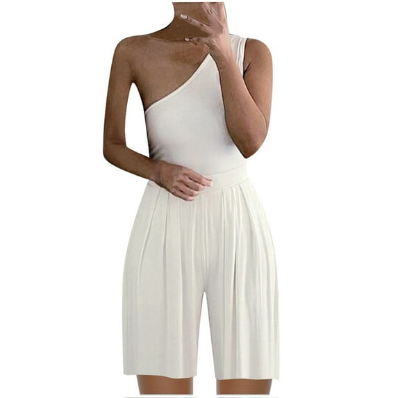 Fesfesfes Jumpsuit for Women Wide Leg Pants Polka Dot Striped Printed One-shoulder Shorts Jumpsuits