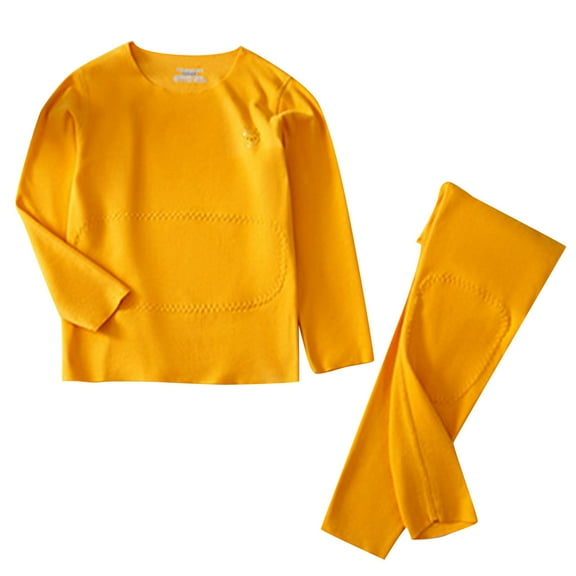 Fesfesfes Kids 2 Piece Clothes Set Long Sleeve Thermal Winter Warm Fleece Lined Cozy Outfit for Boys and Girls Big Kids Childrens Solid Color Casual Fashion Warm Homewear(Yellow,2-3 Years)