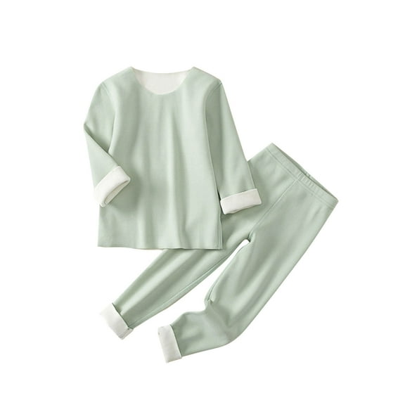 Fesfesfes Kids 2 Piece Clothes Set Long Sleeve Thermal Winter Warm Fleece Lined Cozy Outfit for Boys and Girls Big Kids Childrens Solid Color Casual Fashion Warm Homewear(Green#1,2-3 Years)