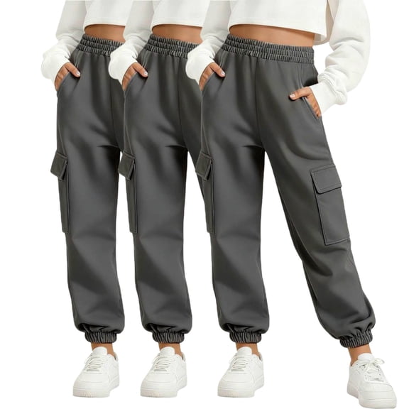 Fesfesfes Kids 3 Piece Solid Color Elastic Waist Sweatpants Set with Side Pockets Slim Fit Jogger Pants for Boys Girls Soft Breathable Casual Sportswear Outfit for Children(Dark Gray,4-5 Years)