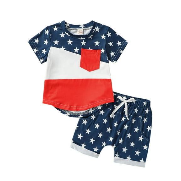 Fesfesfes Kids 4th of July Outfit Toddler Kids Baby Boys Fashion Independence Day Cute Short Sleeve Stripe Print Casual Shorts Suit 0-6 Months
