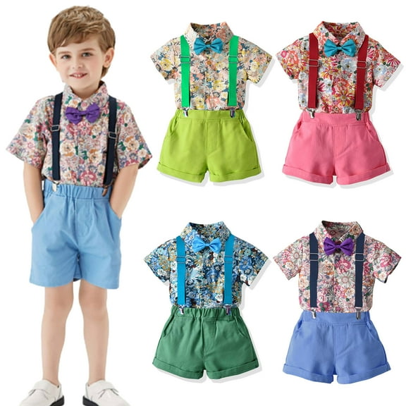 Fesfesfes Kids 80s Outfits For Boys Boys Short Sleeve Top&Strap Shorts Suit Outfit For Baby Toldders Floral Printing Shirts, Photography Performance Set 6-12 Months