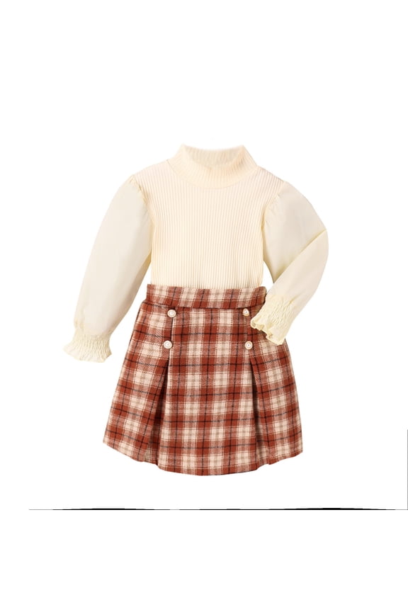 Kids 90s Outfits For Girls 4 To 8 Years Suit Spring And Fall High Crew Neck Knit Bubble Long Sleeve Top Plaid Button Short Skirt 5-6 Years