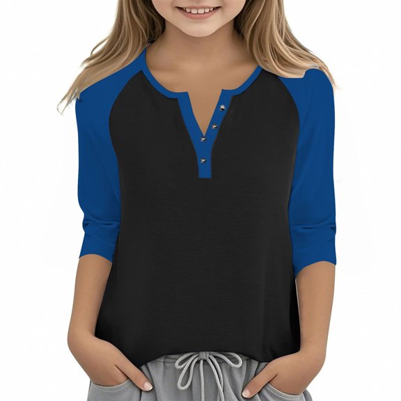 Fesfesfes Kids Boys Girls Casual 3/4 Sleeve V Neck Pullover Tops Blouses Soft Comfortable Daily Wear Outfits for School Holiday Photos(Blue#1,9-10 Years)