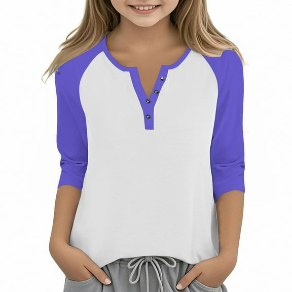 Fesfesfes Kids Boys Girls Casual 3/4 Sleeve V Neck Pullover Tops Blouses Soft Comfortable Daily Wear Outfits for School Holiday Photos(Purple#3,3-4 Years)