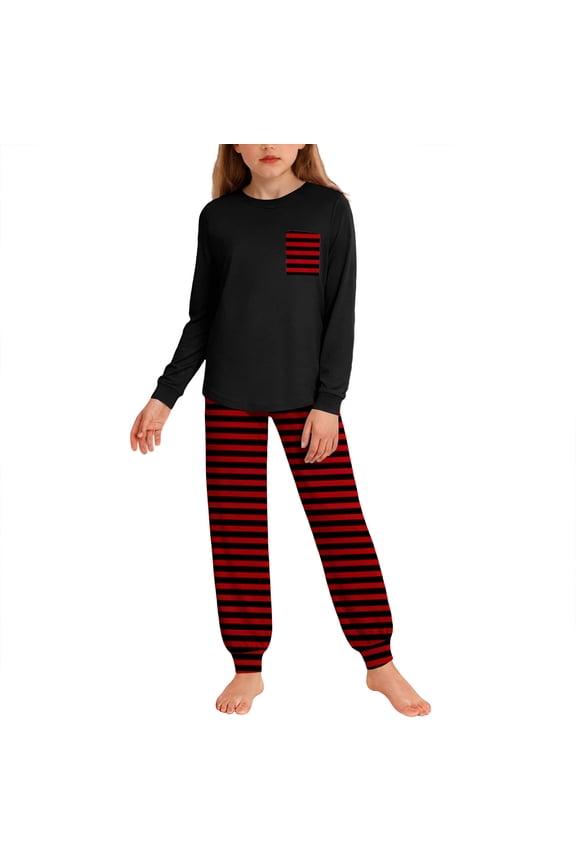 Kids Boys Girls Striped Pocket Long Sleeve Top and Pants Set Casual Outfit Playwear Homewear Set Comfortable Soft Fabric Childrens Two Piece Set(Red,13-14 Years)