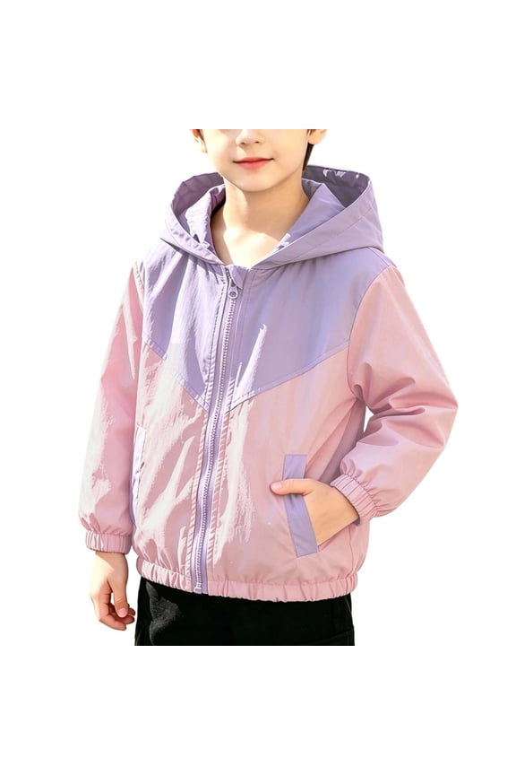 Kids Color Block Hooded Jacket Full Zip Windbreaker Lightweight Spring Fall Coat for Boys and Girls Ages 1-9 Years