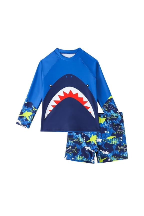 Kids' Cute Beach Print Long Sleeve Sunscreen Swimming Trunks Swimsuit Sets for 4-8 Years Boys Great for Family Vacations and Sunny Days(Blue,6 Years)