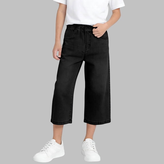 Fesfesfes Kids Elastic Waist Denim Culottes,Solid Color Summer Five Quarter Pants,Boys and Girls Breathable Casual Children's Wide Leg Cropped Jeans,For Daily Wear Travel Birthday Party