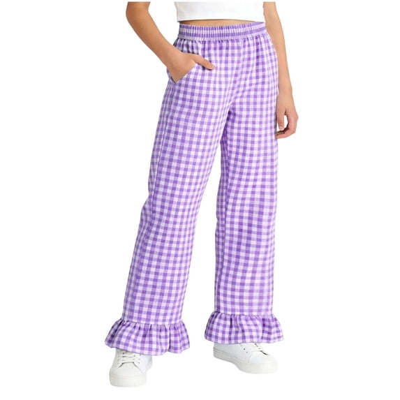 Fesfesfes Kids Elastic Waisted Checkered Pants With Pockets,Fashion Comfort Long Casual Pants for Girls,Multi-color Casual Daily Trousers,Soft Cotton Plaid Bottoms
