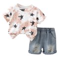 thumbnail image 1 of Fesfesfes Kids' Floral Print Summer Set Plaid Flying Sleeve Top and Bow Shorts Cute Fashion 2-Piece Denim Outfits for Girls and Boys 1-6 Years(Orange#1,5-6 Years), 1 of 3