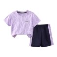 thumbnail image 1 of Fesfesfes Kids' Floral Print Summer Set Plaid Flying Sleeve Top and Bow Shorts Cute Fashion 2-Piece Denim Outfits for Girls and Boys 1-6 Years(Purple,9 Years), 1 of 5