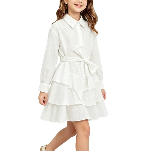 Fesfesfes Kids Girls Collared Button Down Tiered Ruffle Dress with Belt Long Sleeve Cute A-Line Casual Party Wear for Autumn Spring Days Ages 1-10 Years
