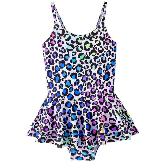 Fesfesfes Kids Girls Fashion Cute Leopard Print Bathing Suits Children's Sleeveless Bikini Ruffles Dress Romper Swimsuit 4-12 Years(Blue,4-5 Years)