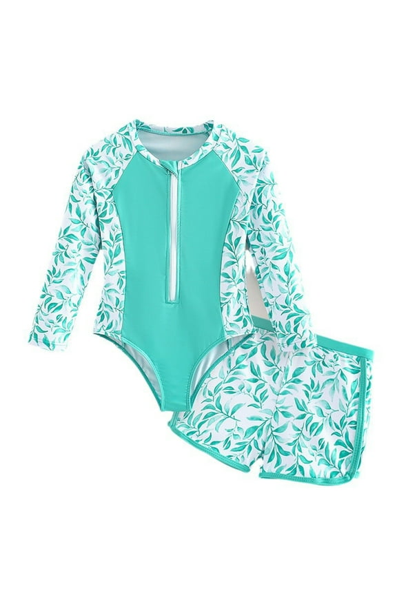 Kids Girls Hawaiian Printed Two Piece Swimsuit Shorts Set for Children's Summer Fashion Ideal for Family Vacations, Swim Lessons,and Sunny Days(Green,6-7 Years)