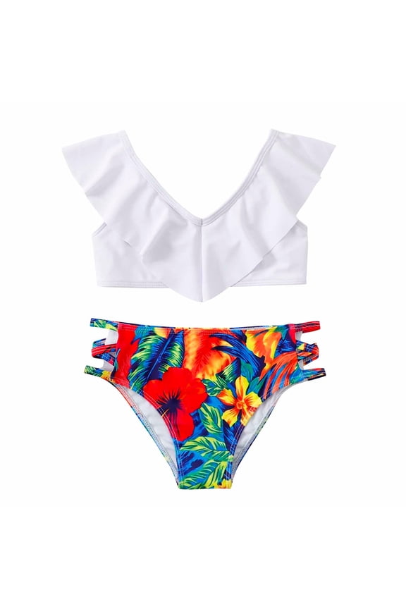 Kids Girls' Sleeveless Split Bikini Swimsuit Set Two Piece Swimwear Breathable and Comfortable Bathing Suit for Children 8-14 Years(White,10 Years)