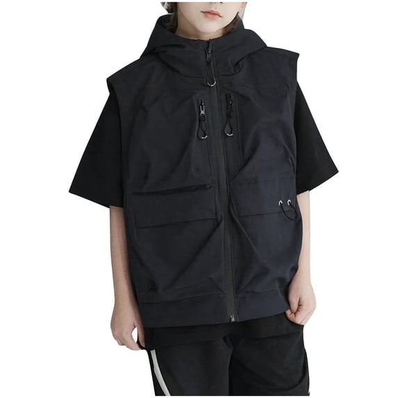 Fesfesfes Kids Hooded Vest Zip Up Sleeveless Cargo Gilet, Outdoor Casual Techwear Vest for Boys and Girls Ages 3-15 Years
