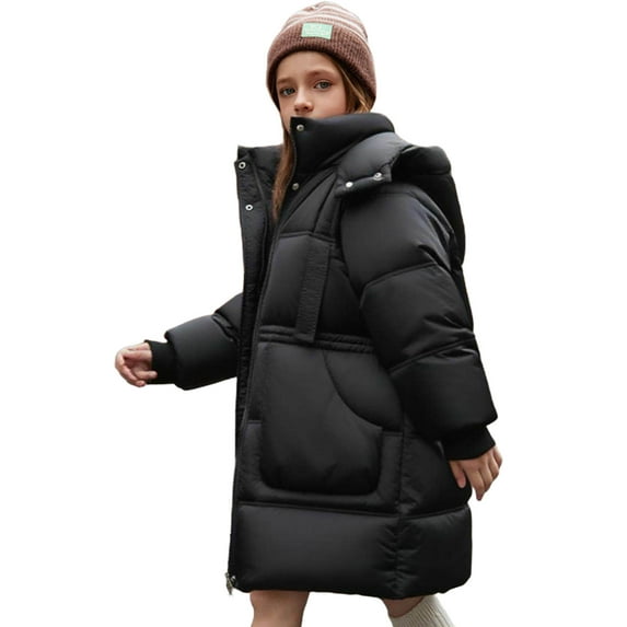 Fesfesfes Kids Long Padded Hooded Parka Jacket with Pockets Cold Weather Warm Thickened Zip Up Coat for Boys Girls Outdoor Winter Wear Windproof Mid Length Casual Hoodie Coats(Black,5-6 Years)