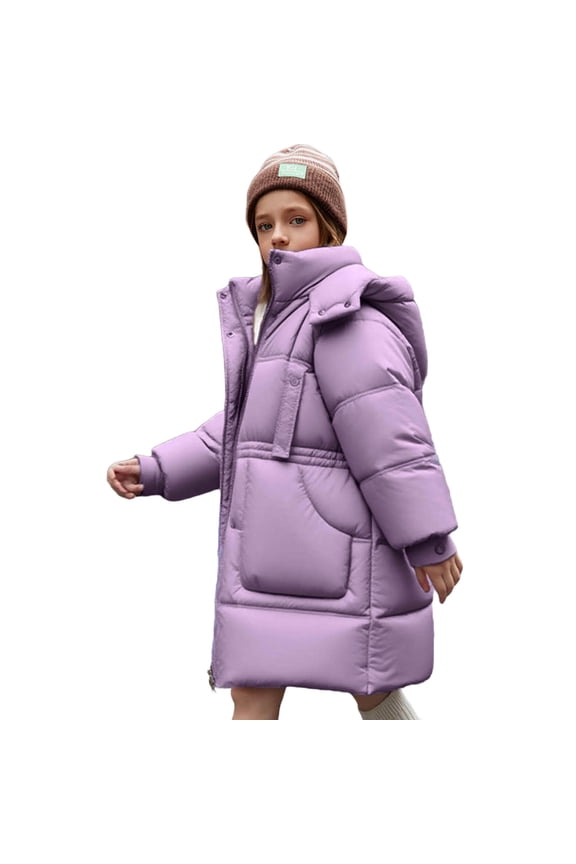 Kids Long Padded Hooded Parka Jacket with Pockets Cold Weather Warm Thickened Zip Up Coat for Boys Girls Outdoor Winter Wear Windproof Mid Length Casual Hoodie Coats(Purple,13-14 Years)