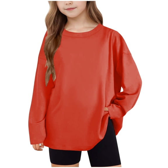 Fesfesfes Kids Long Sleeve Crewneck Pullover Top Soft Casual Loose Solid Color Shirt for Boys Girls Youth Comfortable Everyday Wear School Outing Layering Piece(Red#2,5-6 Years)