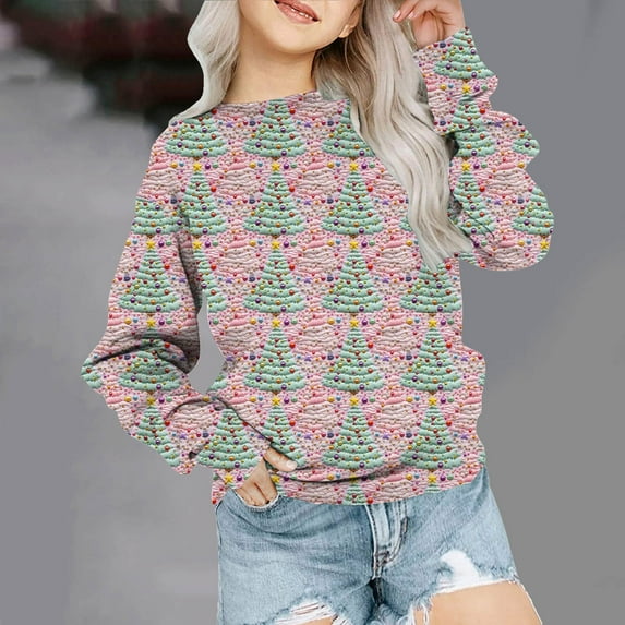 Fesfesfes Kids Long Sleeve Tops Christmas Fall And Winter Middle Big Girls Boys Hatless Stereoscopic Embroidery Print Long Sleeve Top Ugly Sweater