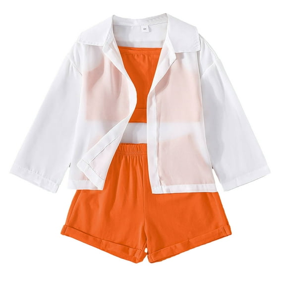 Fesfesfes Kids Luau Outfit Girls 4-7Y Girls Fashion Sun Protection Jacket + Camisole Top + Solid Color Shorts 3 Piece Girls Set 5-6 Years