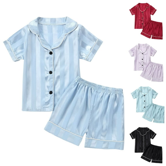 Fesfesfes Kids Pjs Sets Summer Homewear Sets Silk Comfy Clothing Sets Printed Short Sleeve Shirt Shorts Sets Toddler Homewear Clothes Suit