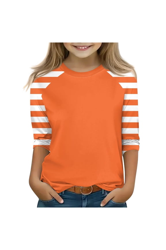 Kids Plaid Raglan Sleeve 3/4 Length Tee Round Neck Casual Pullover Top for Boys Girls Age 4 to 15 Years Lightweight Spring Summer Comfort Shirt Basic Everyday Wear(Orange#1,11-12 Years)