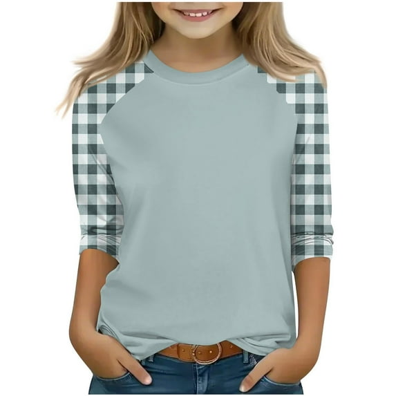 Fesfesfes Kids Plaid Raglan Sleeve 3/4 Length Tee Round Neck Casual Pullover Top for Boys Girls Age 4 to 15 Years Lightweight Spring Summer Comfort Shirt Basic Everyday Wear(Mint Green#1,7-8 Years)