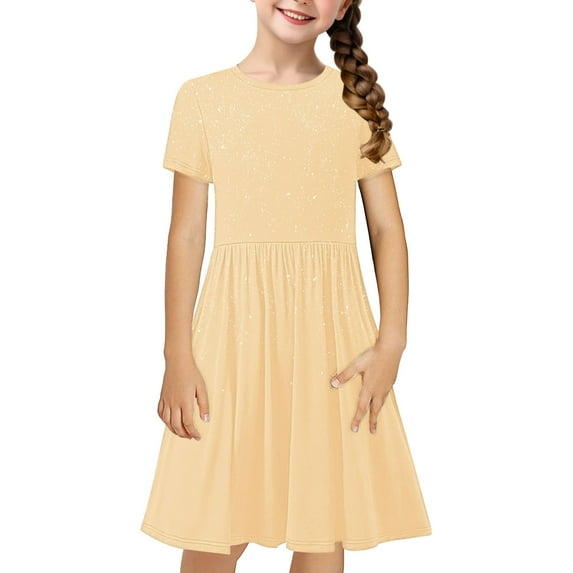 Fesfesfes Kids Soft and Comfy Summer Short Sleeve Stretchy Dress for 4-14 Years Girls Solid Color Print A-Line Dress for Comfortable and Everyday Wear(Beige,13 Years)