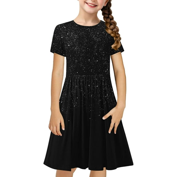 Fesfesfes Kids Soft and Comfy Summer Short Sleeve Stretchy Dress for 4-14 Years Girls Solid Color Print A-Line Dress for Comfortable and Everyday Wear(Black,5 Years)