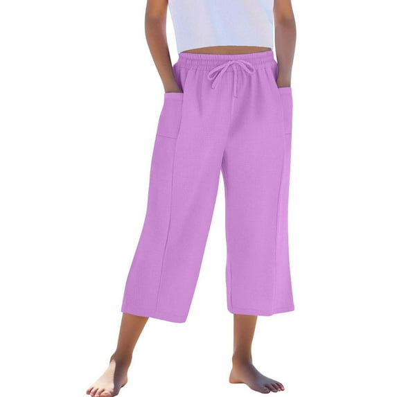 Fesfesfes Kids' Solid Color Capris Pants with Pockets Elastic Waist Casual Summer Pants for Girls 4-14 Years(Purple,10 Years)