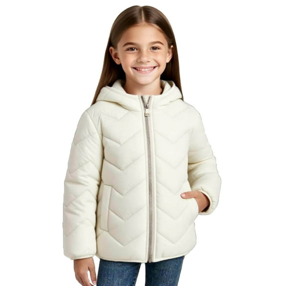 Fesfesfes Kids Solid Color Hooded Puffer Jacket with Pockets Thickened Warm Zip Up Coat for Boys and Girls Cold Weather Windproof Outdoor Casual Wear(Beige,5-6 Years)