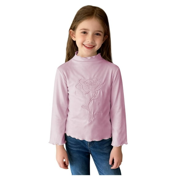 Fesfesfes Kids Solid Color Rose Embroidery Blouse Long Sleeve Round Neck Shirt Casual Lightweight Top for Girls Boys Elegant Everyday Wear Floral Design Comfortable Soft Fabric(Pink,2-3 Years)