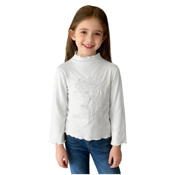 Fesfesfes Kids Solid Color Rose Embroidery Blouse Long Sleeve Round Neck Shirt Casual Lightweight Top for Girls Boys Elegant Everyday Wear Floral Design Comfortable Soft Fabric(White,7-8 Years)