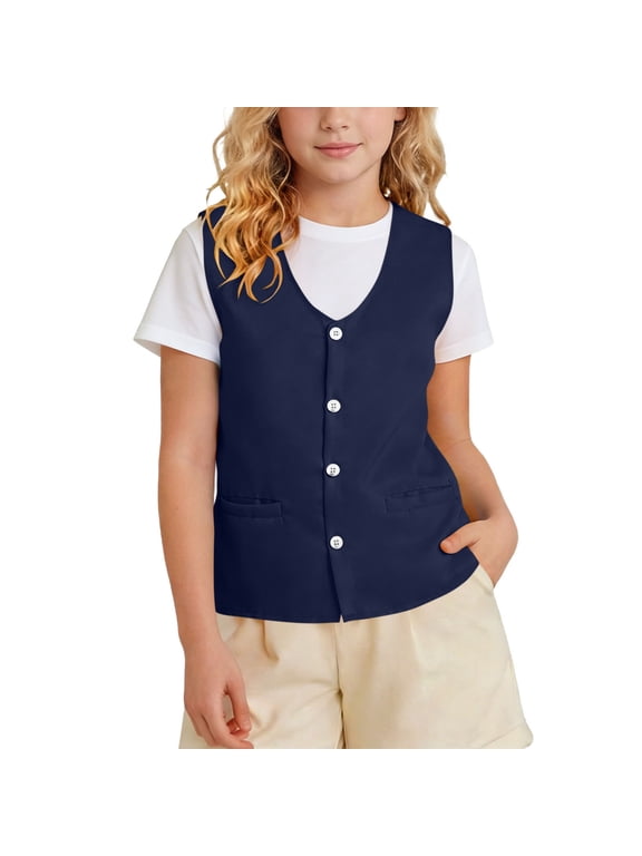 Kids Solid Color V Neck Open Front Vest with Pockets Sleeveless Outerwear for Boys Girls 2-12 Years Outdoor Travel Volunteer Casual Wear