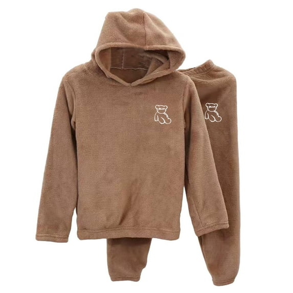 Fesfesfes Kids Solid Color Winter Fleece Clothes Set 2 Piece Solid Color Hooded Tops and Pants Set Cozy Warm Clothing for Children Boys Girls Outfit(Coffee,11-12 Years)