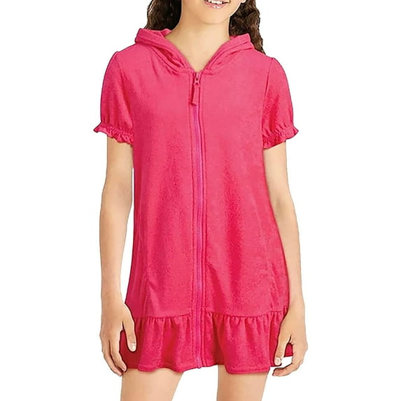 Fesfesfes Kids Solid Color Zipper Towel Cloth Hooded Short Sleeved Swimsuit for Girls 4-9 Years Perfect for Pool Parties,Beach Trips,and Water Play(Hot Pink,4-5 Years)